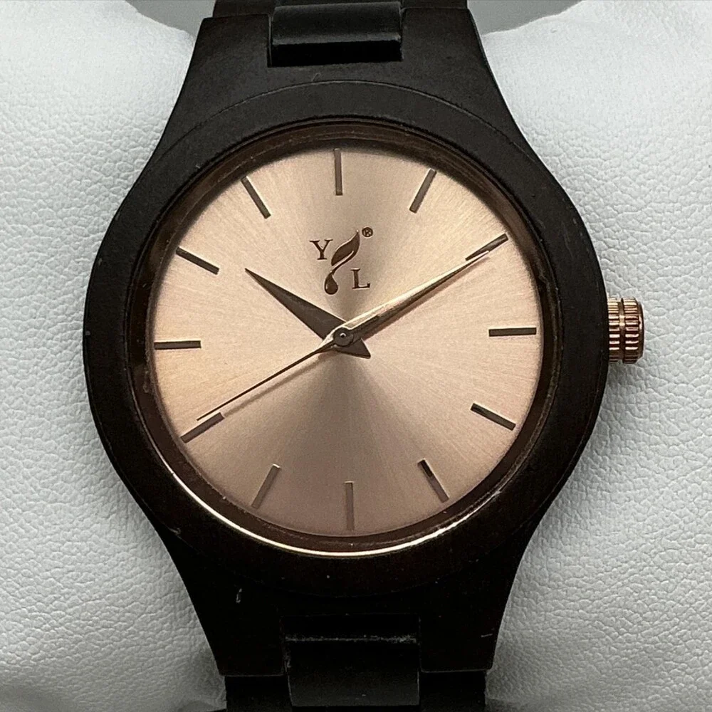 YL Mens Watch 39mm Rose Gold Tone Brown Wood Bracelet New Battery 6.25